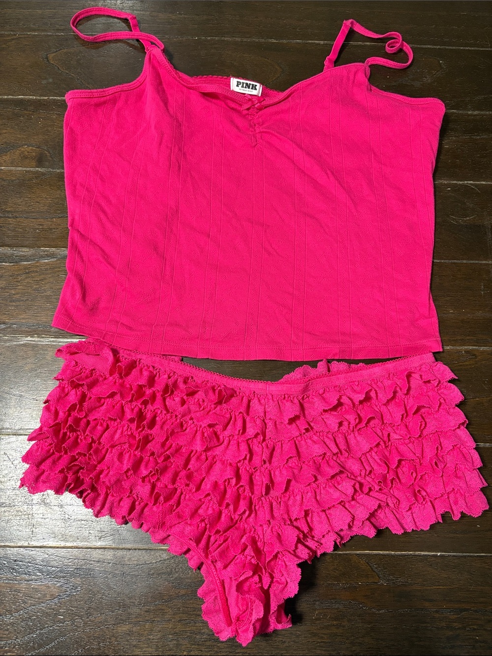 PINK Textured Camisole and Ruffle Panty Set